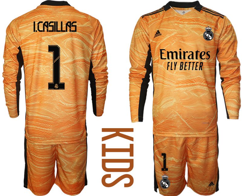 Youth 2021-2022 Club Real Madrid orange yellow goalkeeper long sleeve #1 Soccer Jersey
